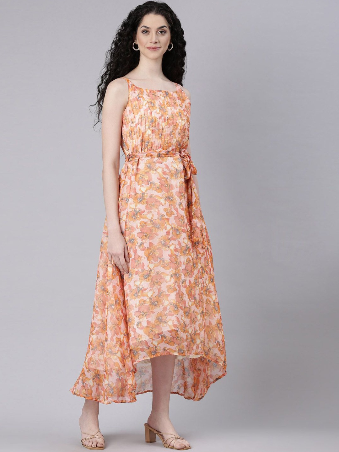 

Souchii Floral Printed Fit & Flared Ethnic Midi Dress, Peach