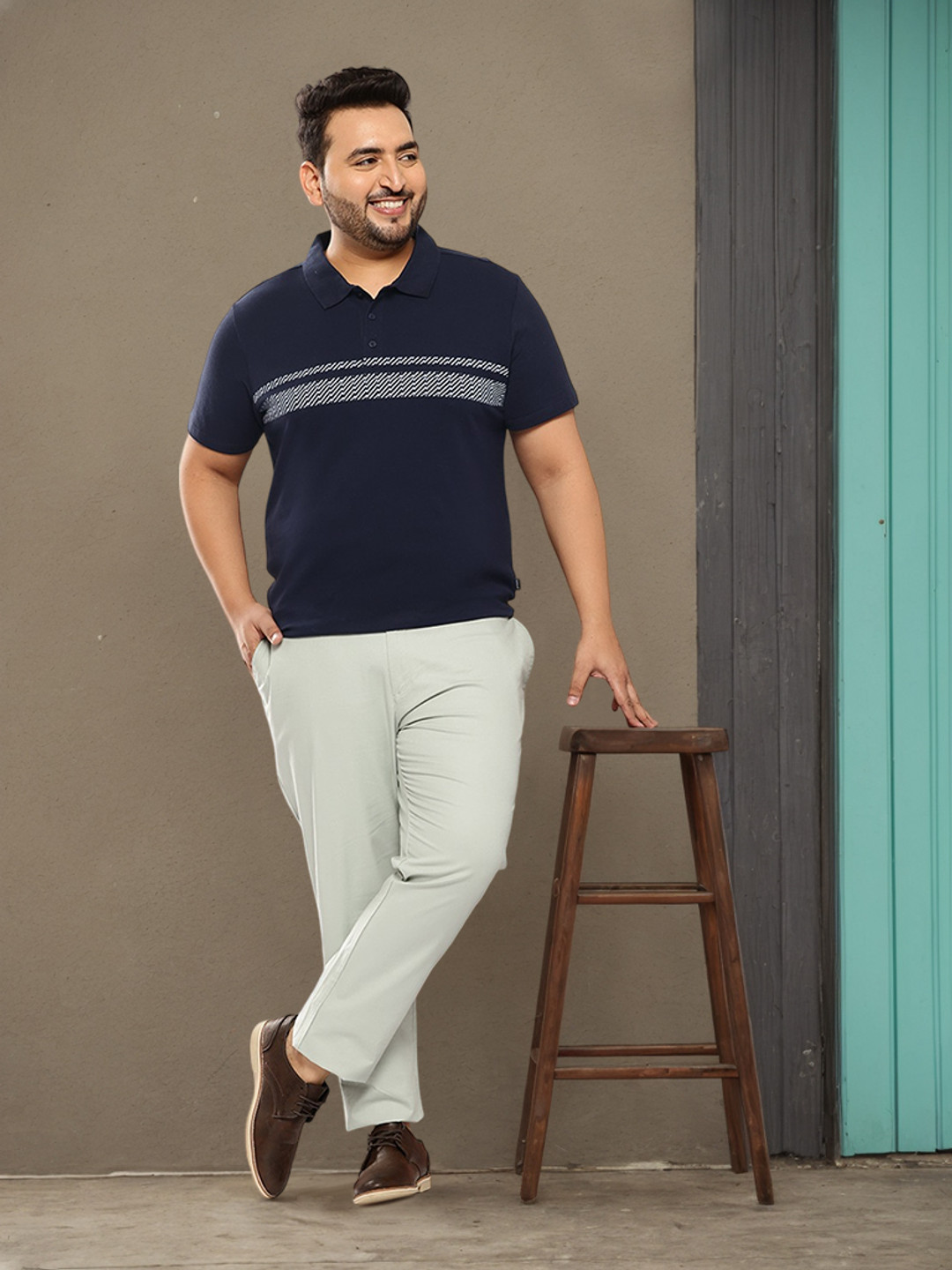 

Sztori Plus Size Pure Cotton Striped Polo Collar T-shirt, Navy blue