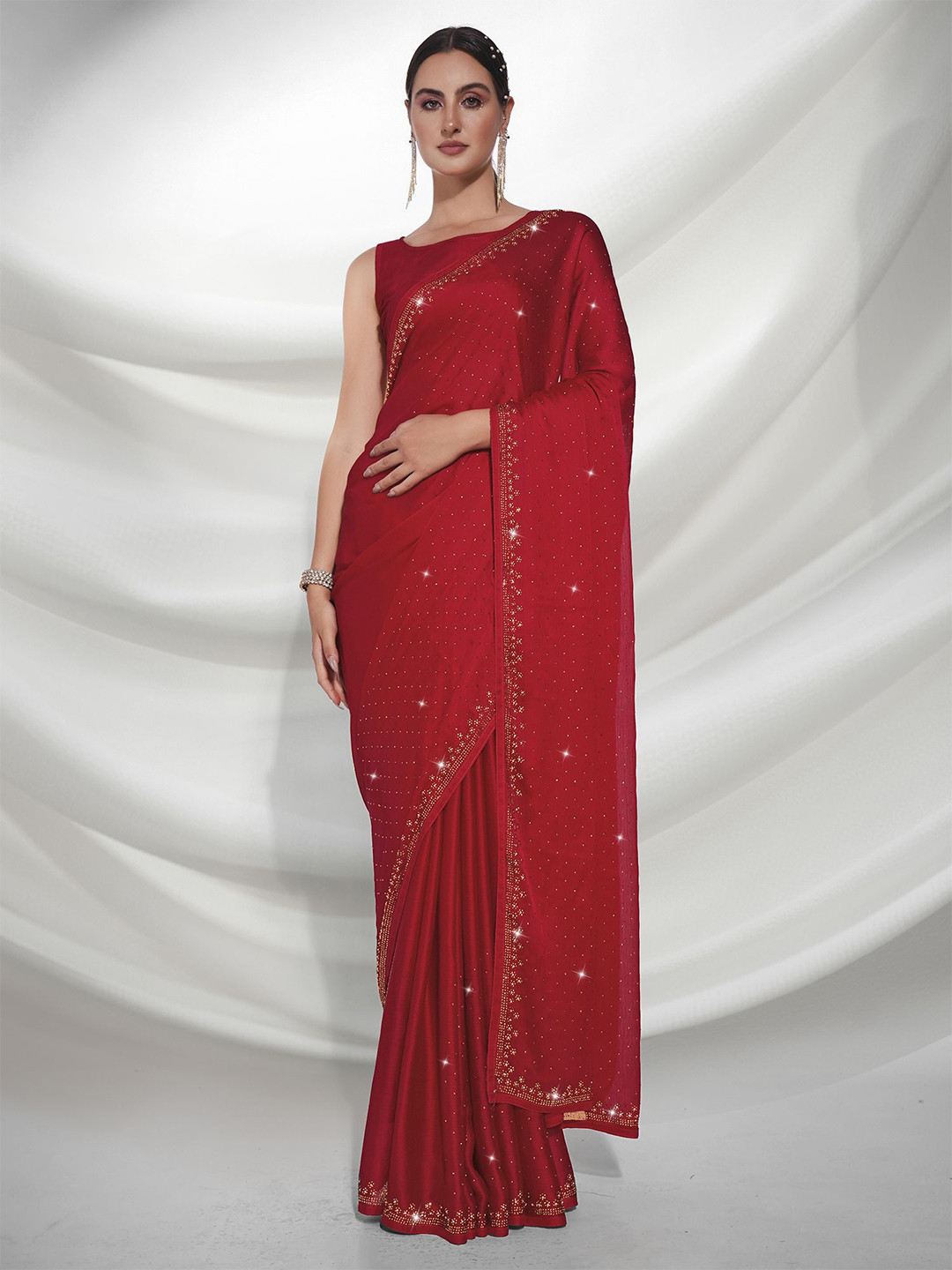 

Kalista Embellished Beads and Stones Satin Ready to Wear Saree, Red