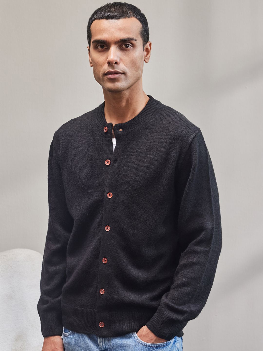 

Mr Bowerbird Men Cotton Front-Open Sweaters, Black