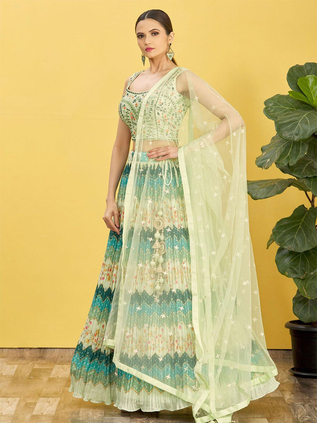 

ODETTE Embroidered Sequinned Semi-Stitched Lehenga & Unstitched Blouse With Dupatta, Green