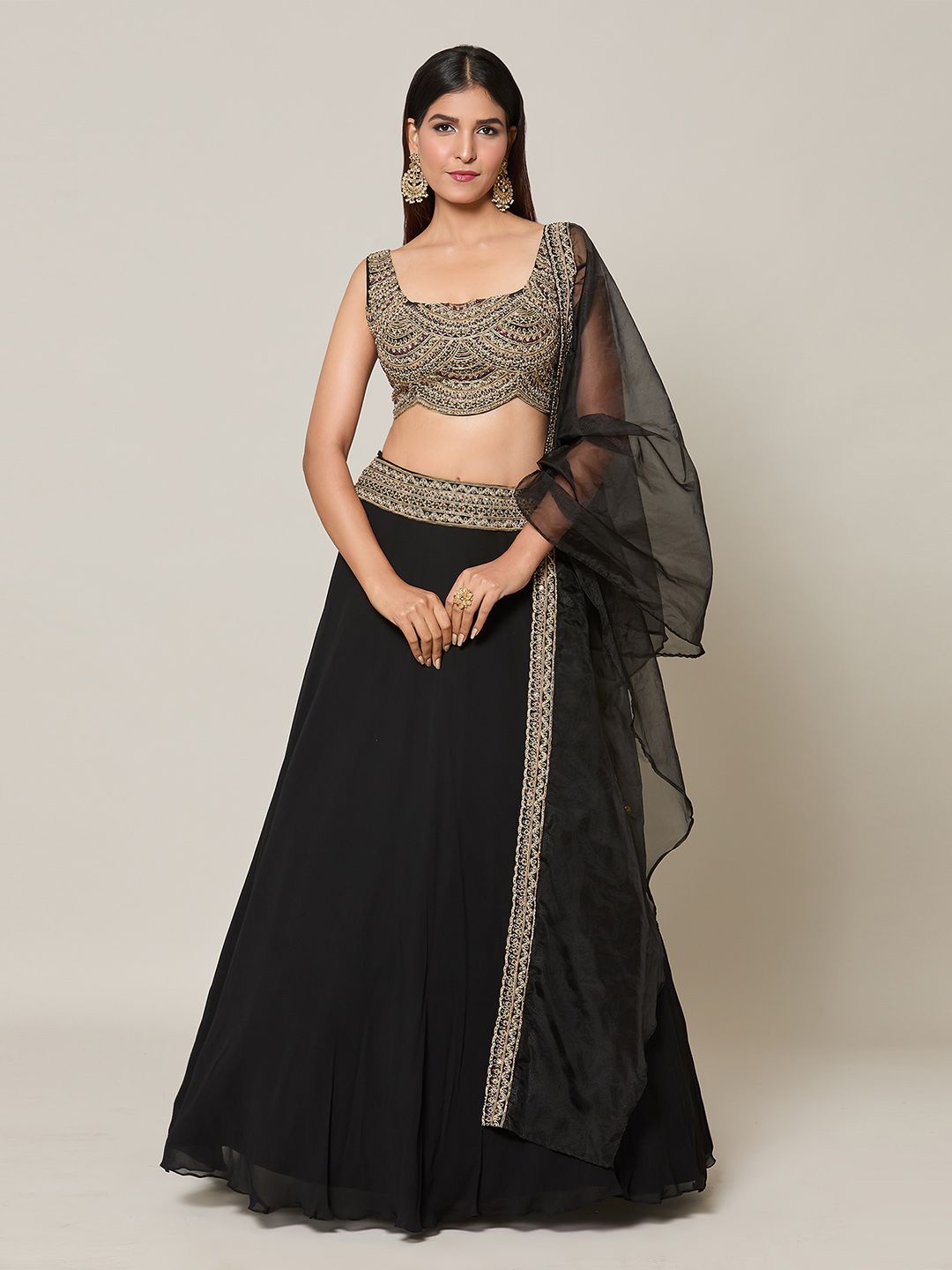 

Samyukta Singhania Embellished Thread Work Ready to Wear Lehenga & Blouse With Dupatta, Black