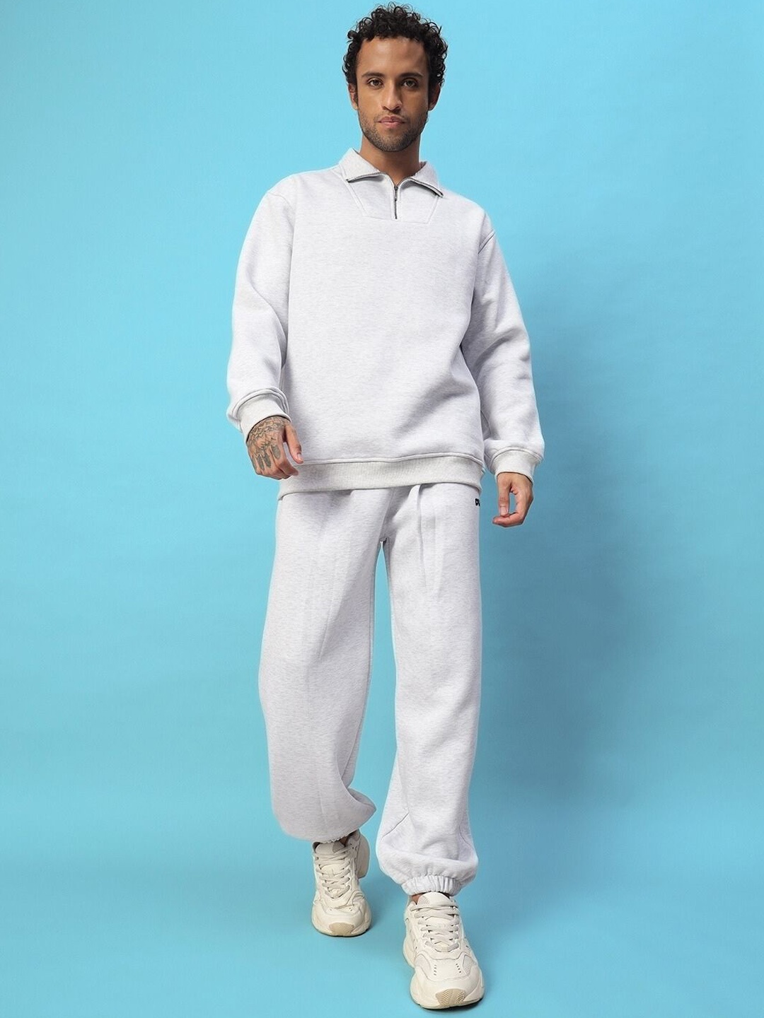 

WEARDUDS Polo Collar Long Sleeves Sweatshirt With Jogger, Grey melange