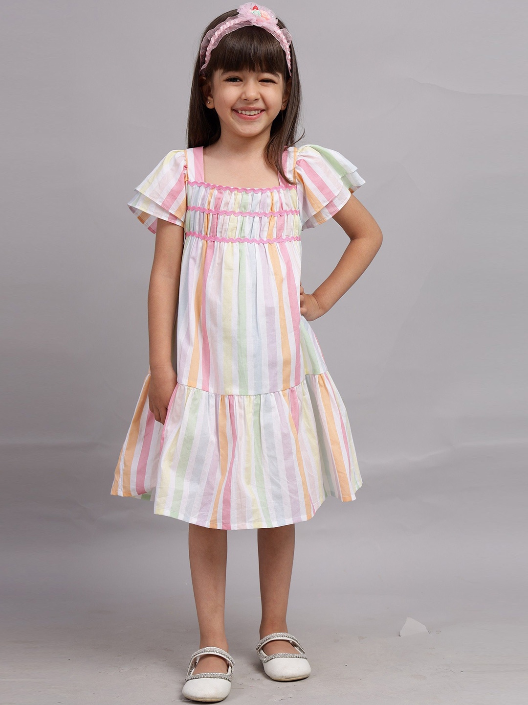 

Nature Nook Kids Girls Cotton Striped A-Line Dress, White