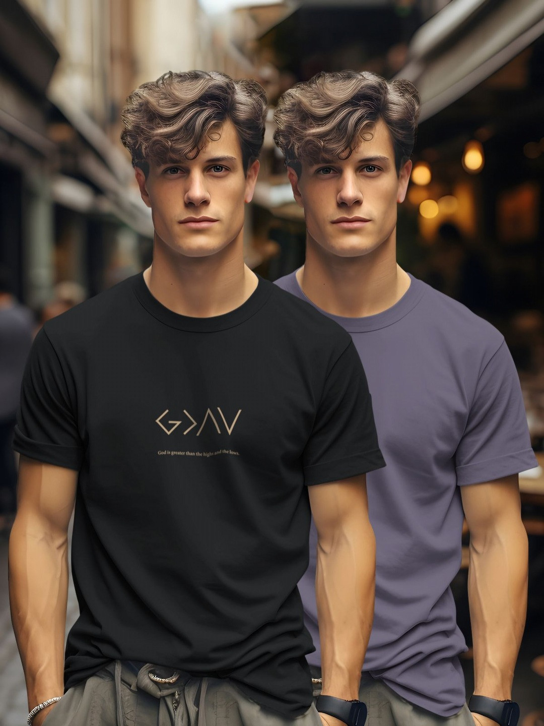 

BULLMER Men Pack Of 2 Graphic Printed Round Neck Cotton T-shirts, Black