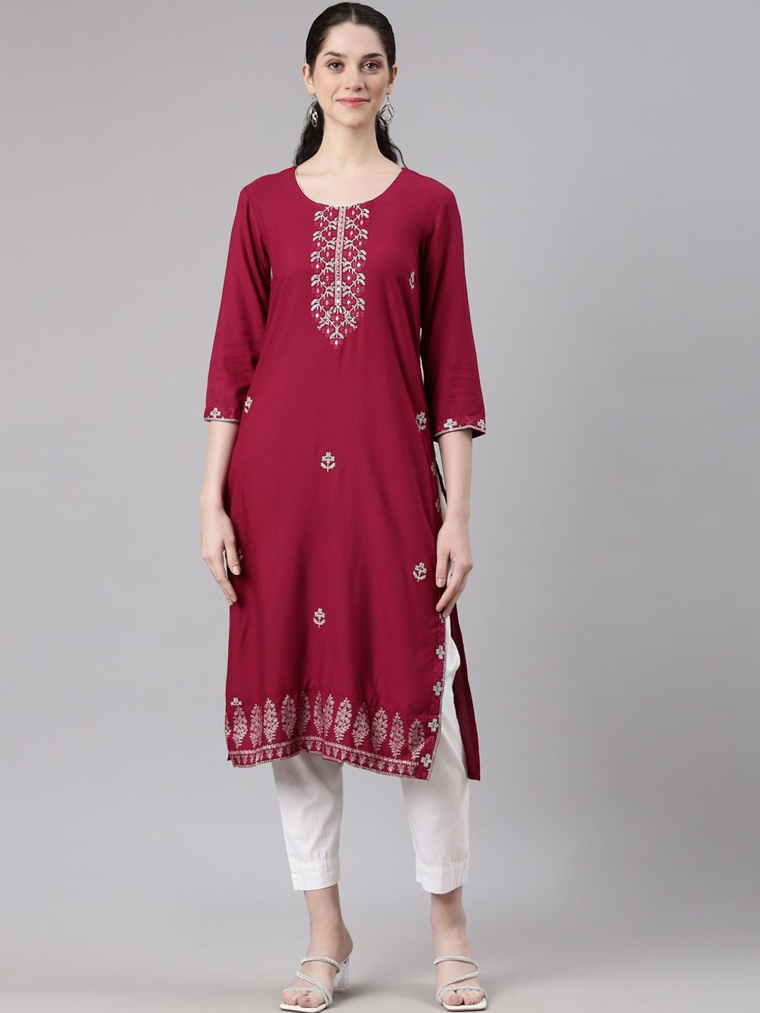 

Neerus Floral Yoke Design Mirror Work Straight Kurta, Red