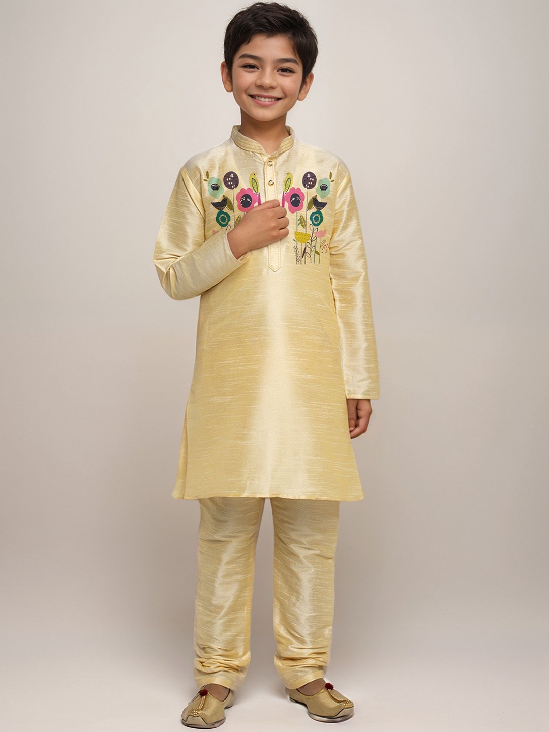 

DEVOILER Boys Floral Printed Regular Art Silk Straight Kurta with Churidar, Yellow