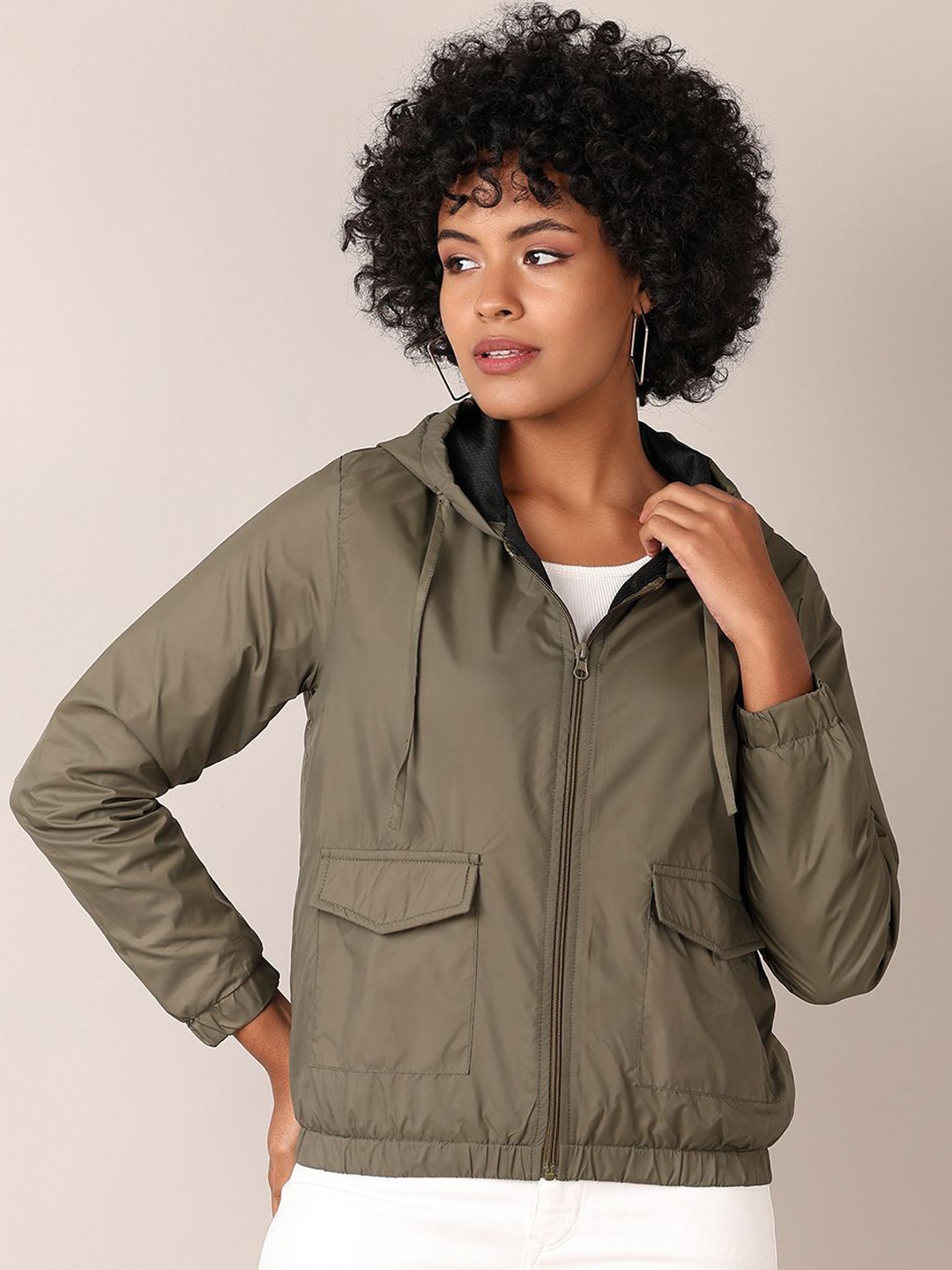 

V-Mart Women Hooded Solid Cotton Casual Bomber Jacket, Olive
