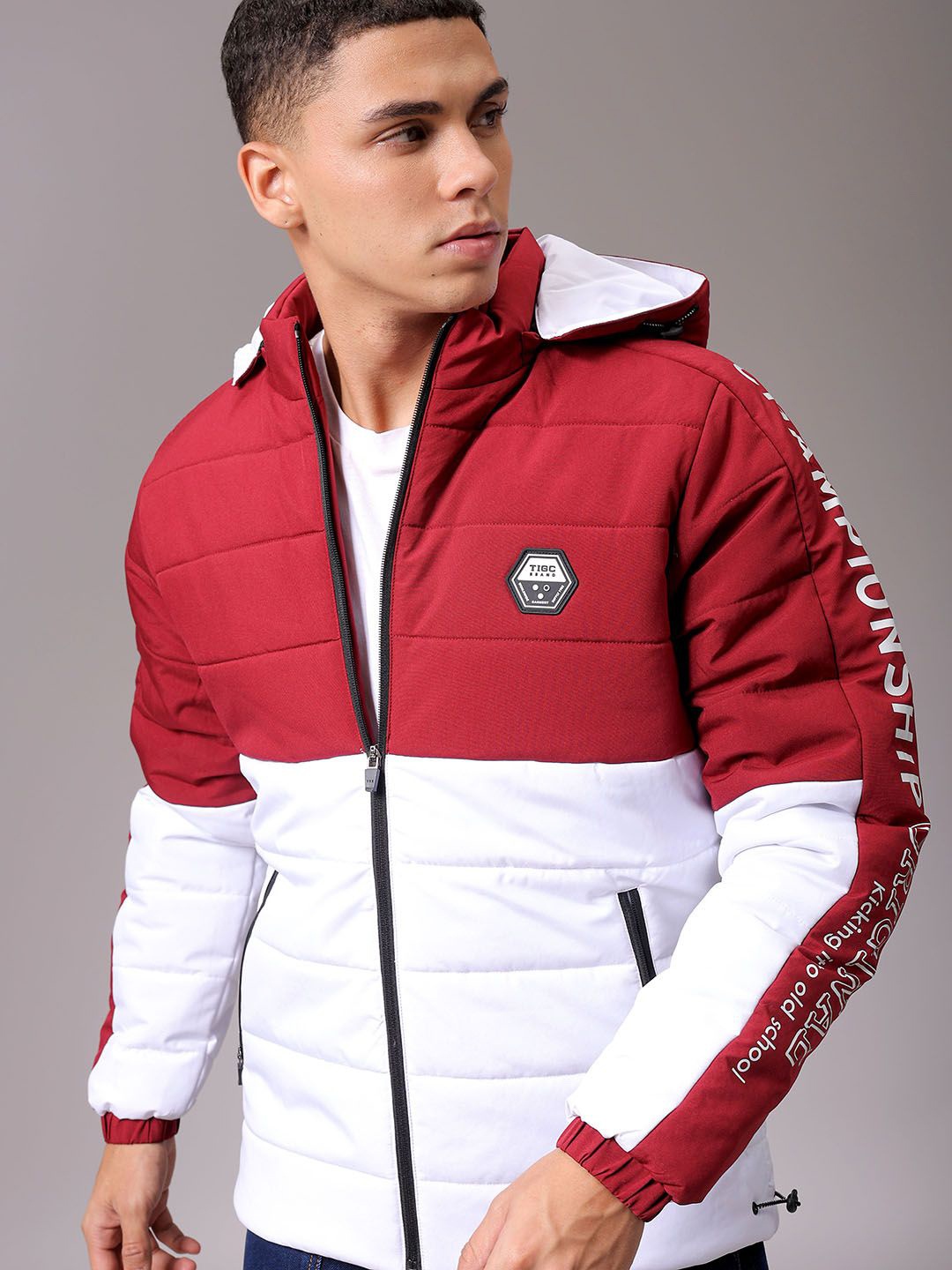 

The Indian Garage Co Men Hooded Colourblocked Casual Puffer Jacket, Maroon