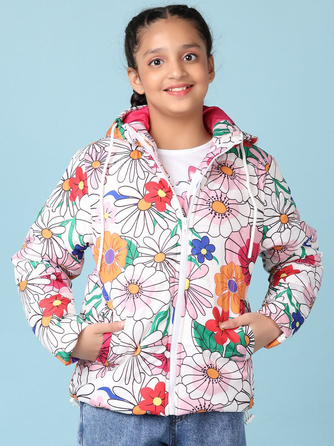 

V-Mart Girls Hooded Floral Printed Cotton Casual Puffer Jacket, White