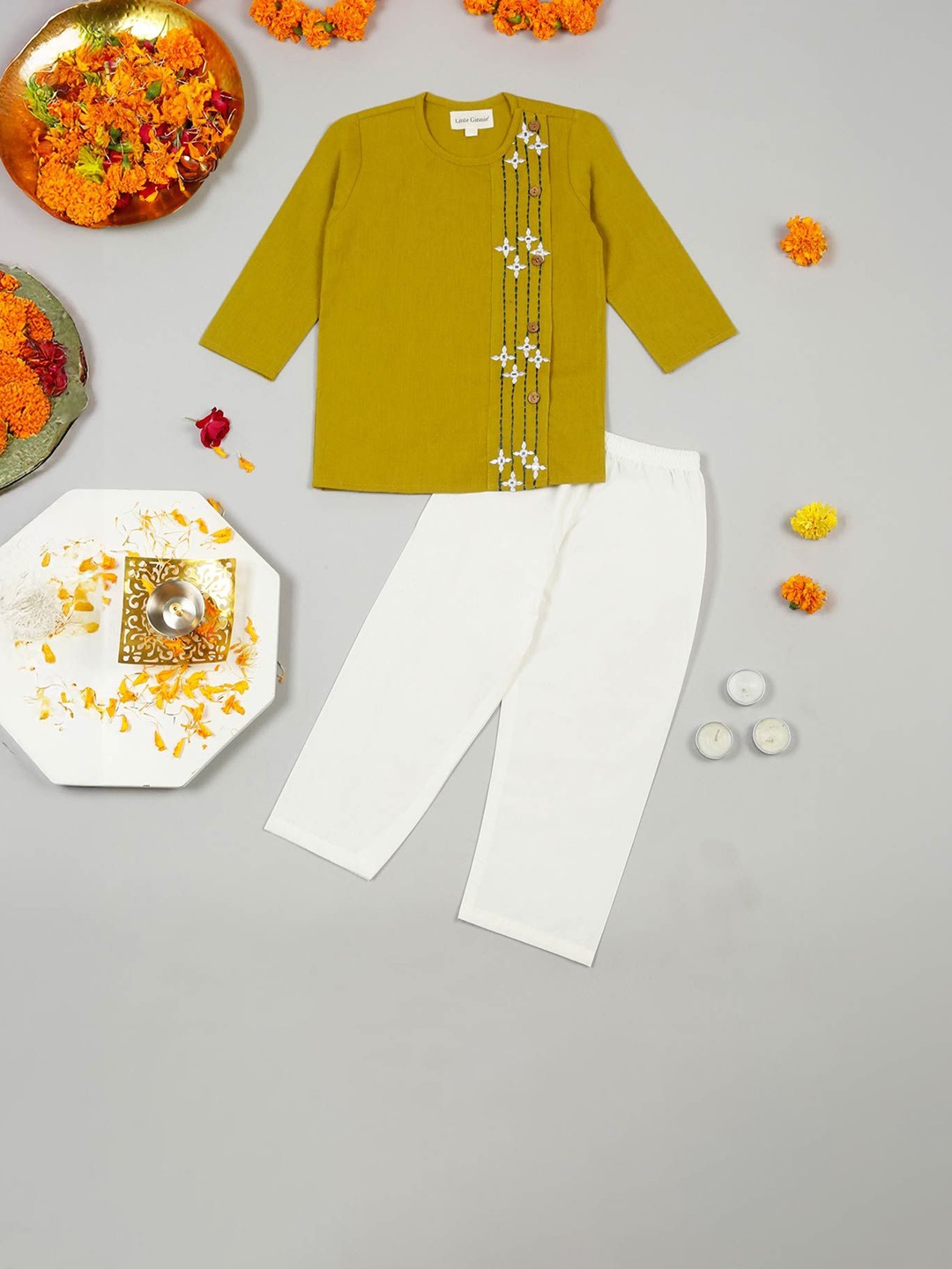 

LITTLE GINNIE Boys Floral Embroidered Thread Work Clothing Set, Mustard