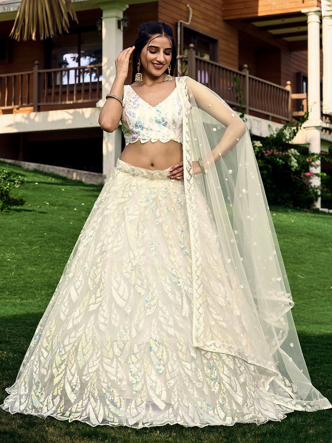 

ODETTE Embellished Sequinned Net Semi-Stitched Lehenga & Unstitched Blouse With Dupatta, Off white