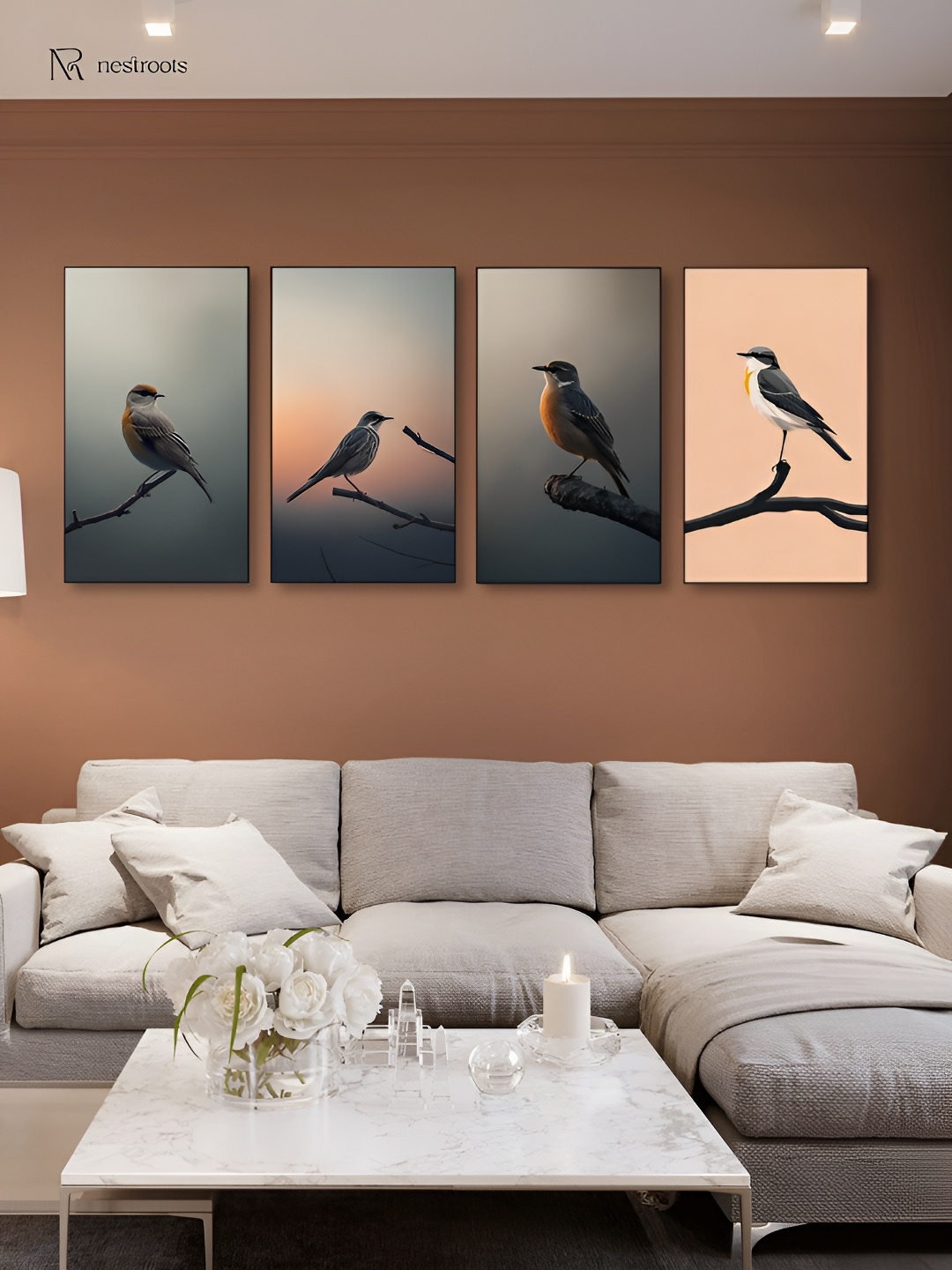 

nestroots Peach & Black 4 Pieces Bird Photography Painting Wall Arts