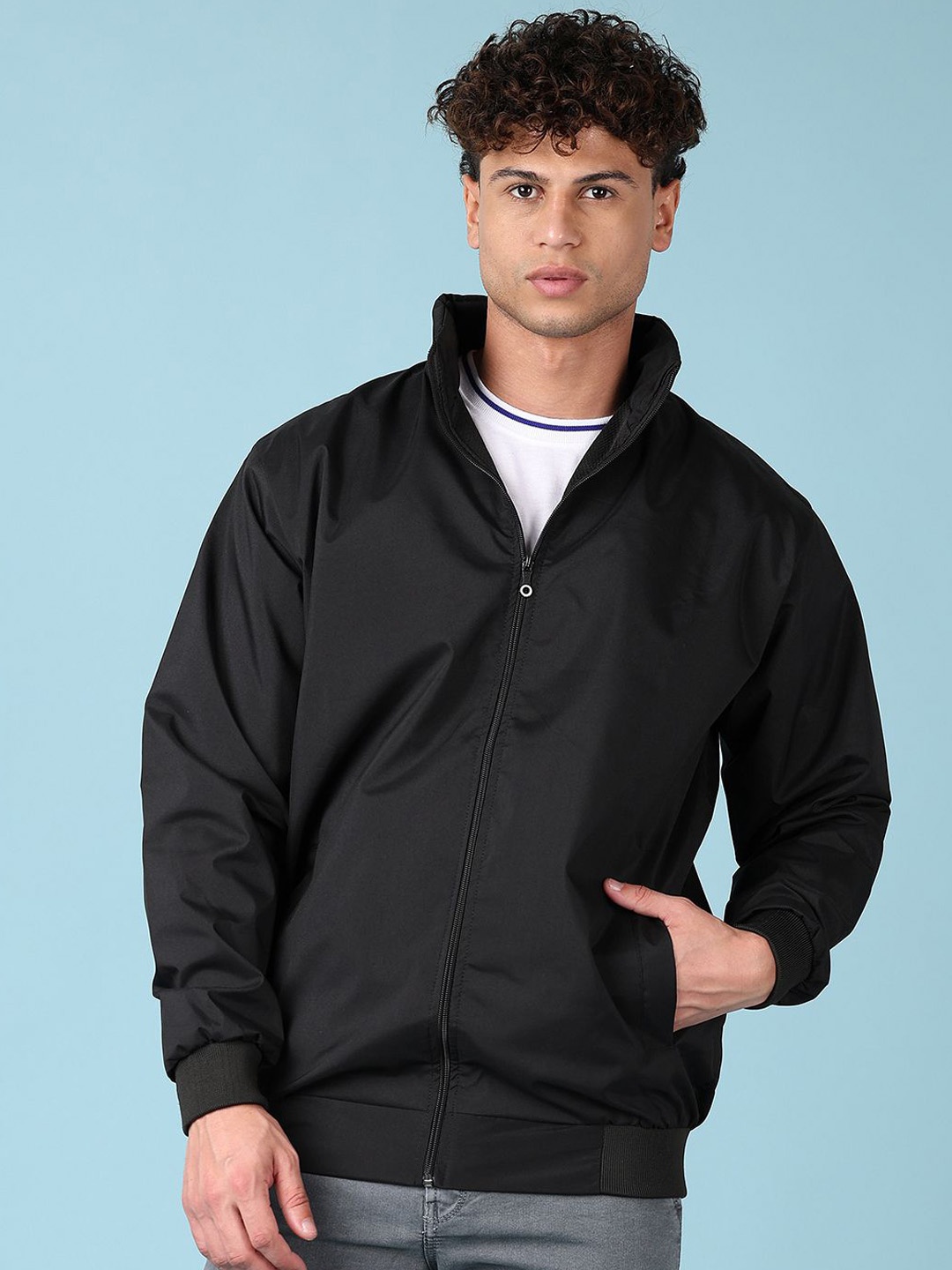 

V-Mart Men Mock Collar Solid Cotton Casual Bomber Jacket, Black