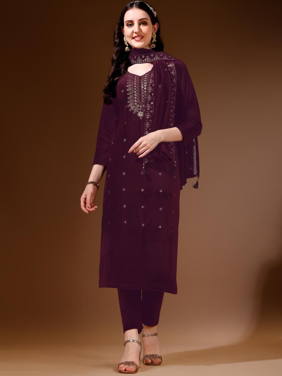 

KALINI Ethnic Motifs Embroidered Kurta With Trousers & Dupatta, Purple