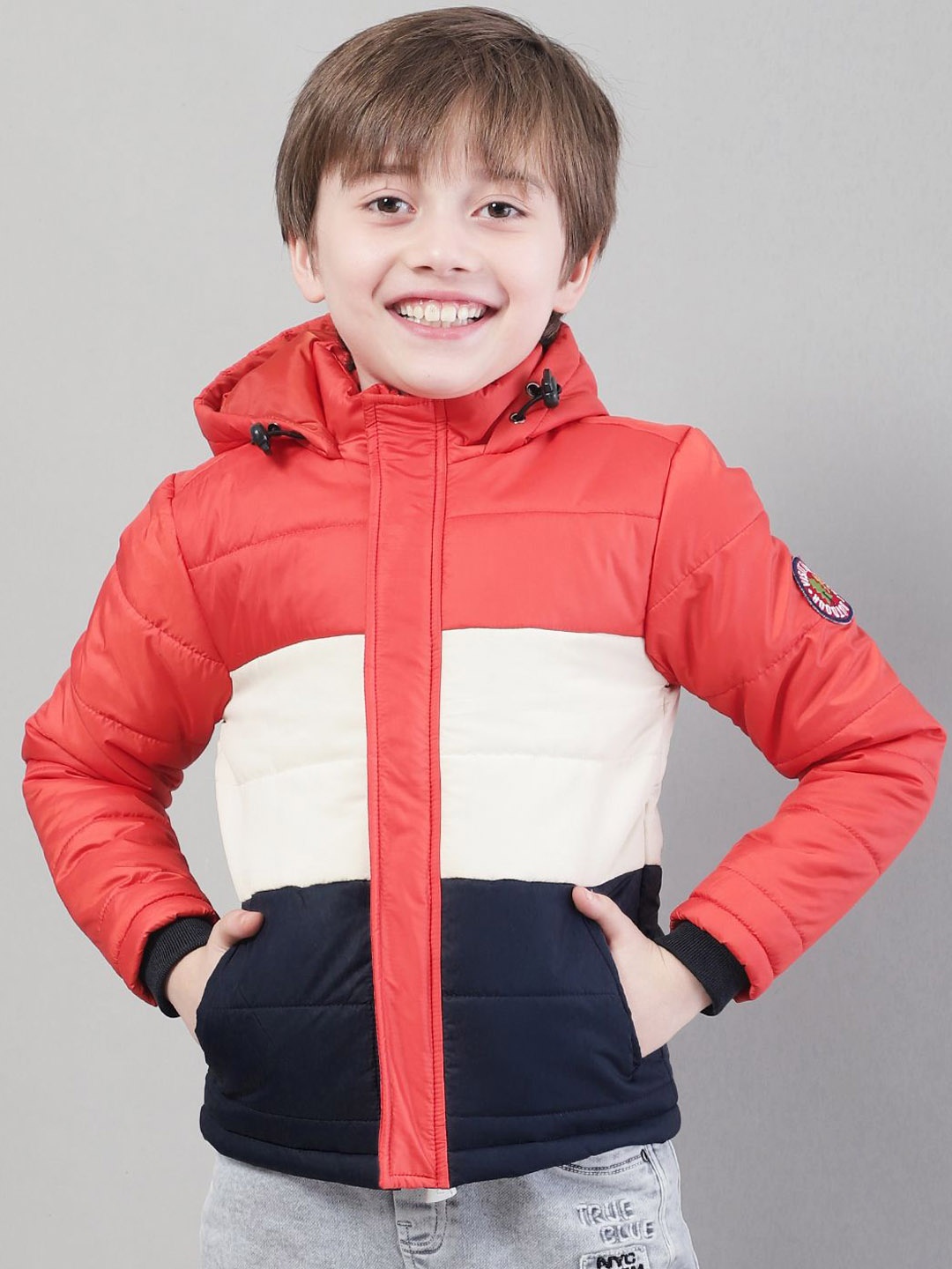 

HOUSE OF VEDAS Boys Hooded Colourblocked Casual Quilted Jacket, Navy blue