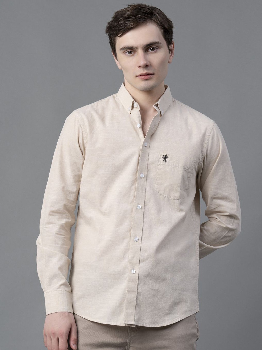 

Red Tape Men Button-Down Collar Solid Cotton Casual Shirt, Beige