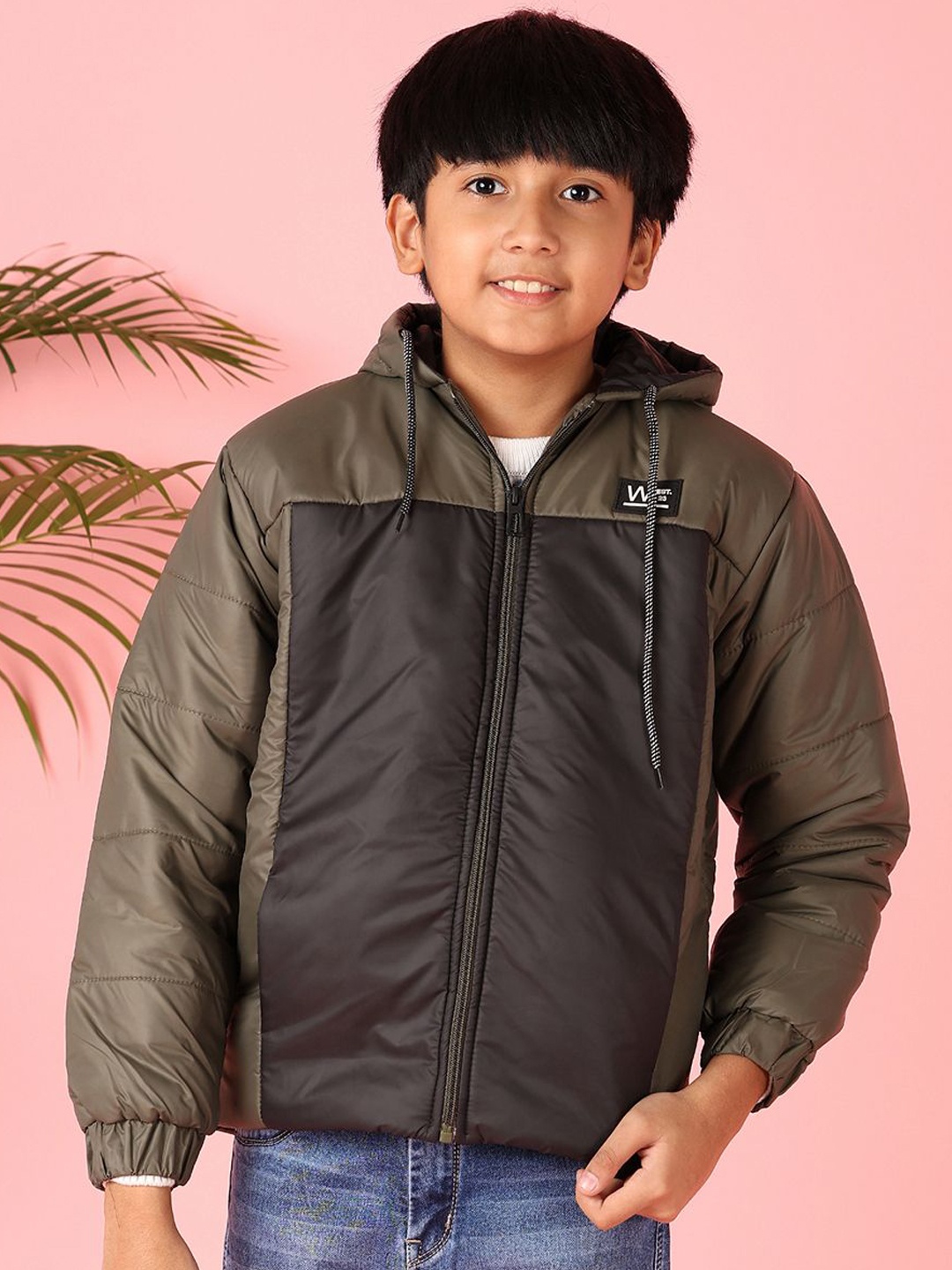 

V-Mart Boys Hooded Colourblocked Cotton Casual Bomber Jacket, Olive