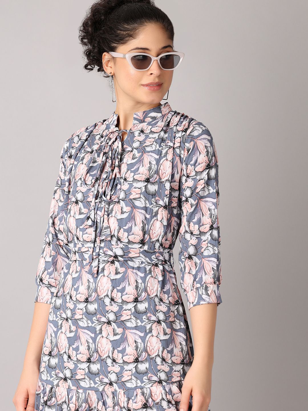 

V-Mart Women Grey Mandarin Collar Floral Print A-Line Midi Dress