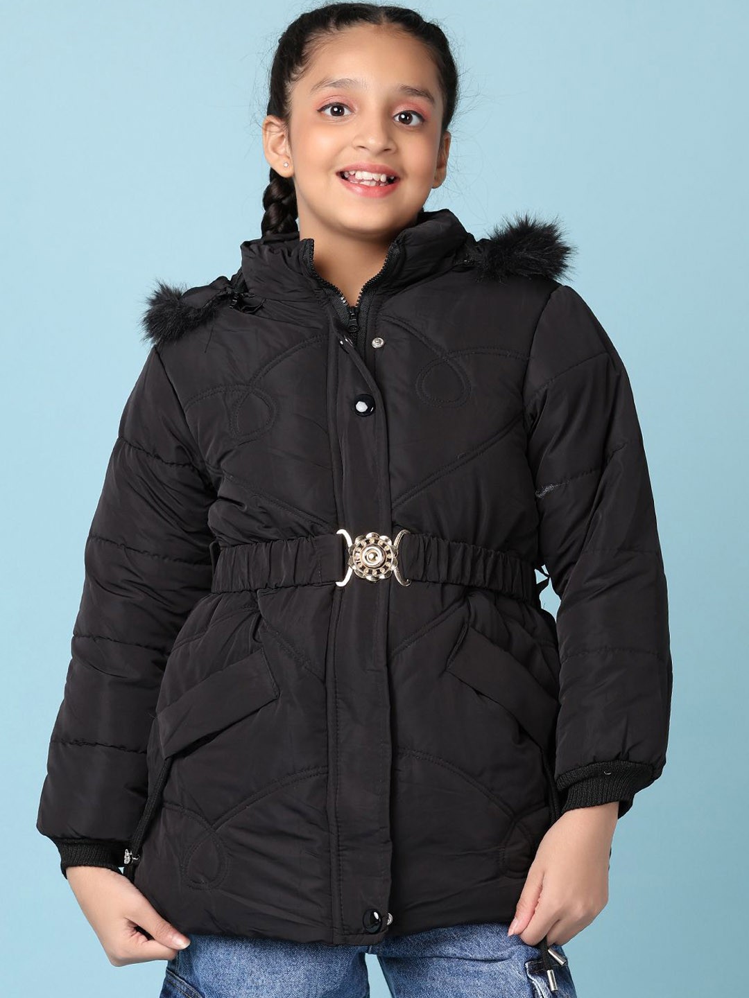 

V-Mart Girls Hooded Solid Cotton Casual Parka Jacket, Black