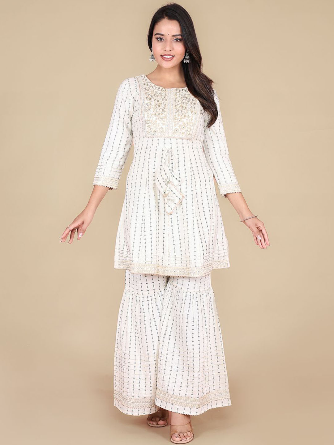 

HERE&NOW Off White Floral Yoke Design Gotta Patti Anarkali Kurta With Sharara
