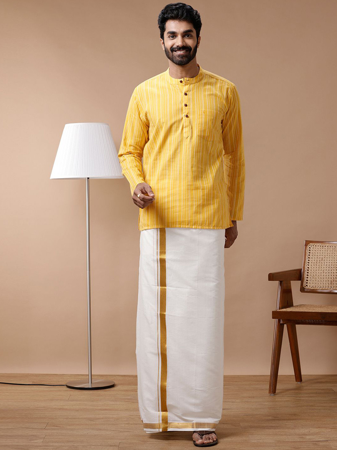 

Ramraj Striped Mandarin Collar Cotton Straight Kurta, Yellow