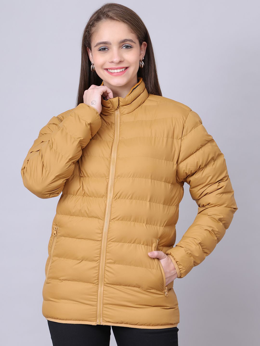 

HOUSE OF VEDAS Women Mock Collar Solid Casual Quilted Jacket, Mustard