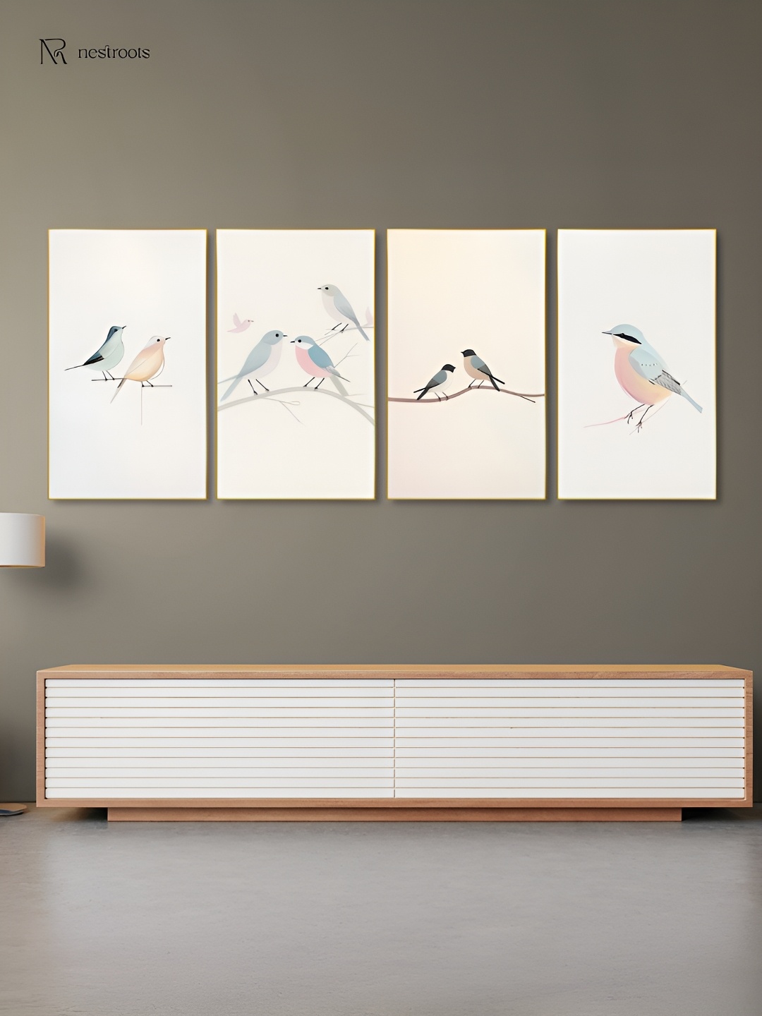 

nestroots Peach & Blue 4 Pieces Canvas Serene Bird Branch Wall Arts