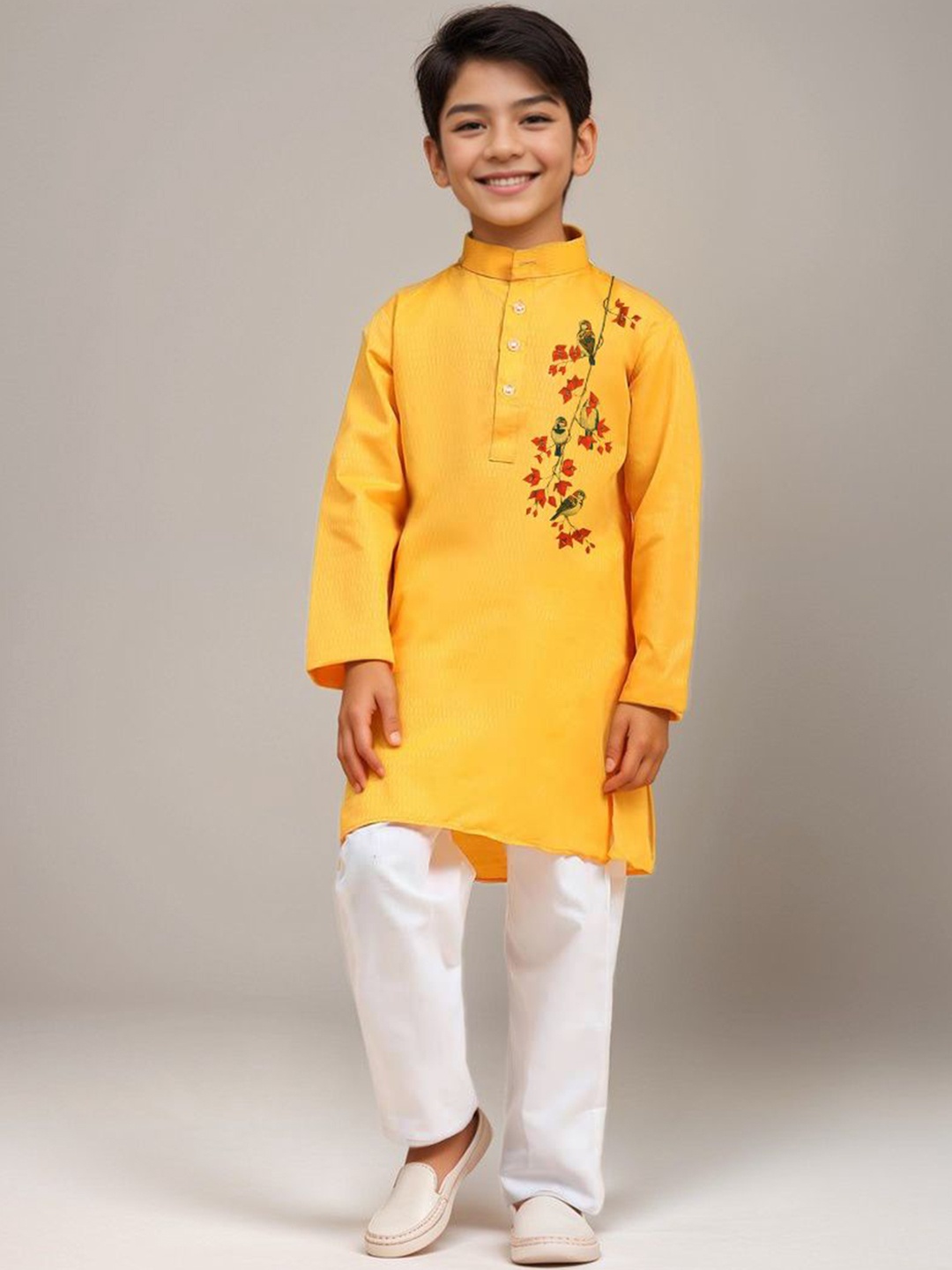 

DEVOILER Boys Floral Printed Mandarin Collar Dupion Silk Straight Kurta, Yellow
