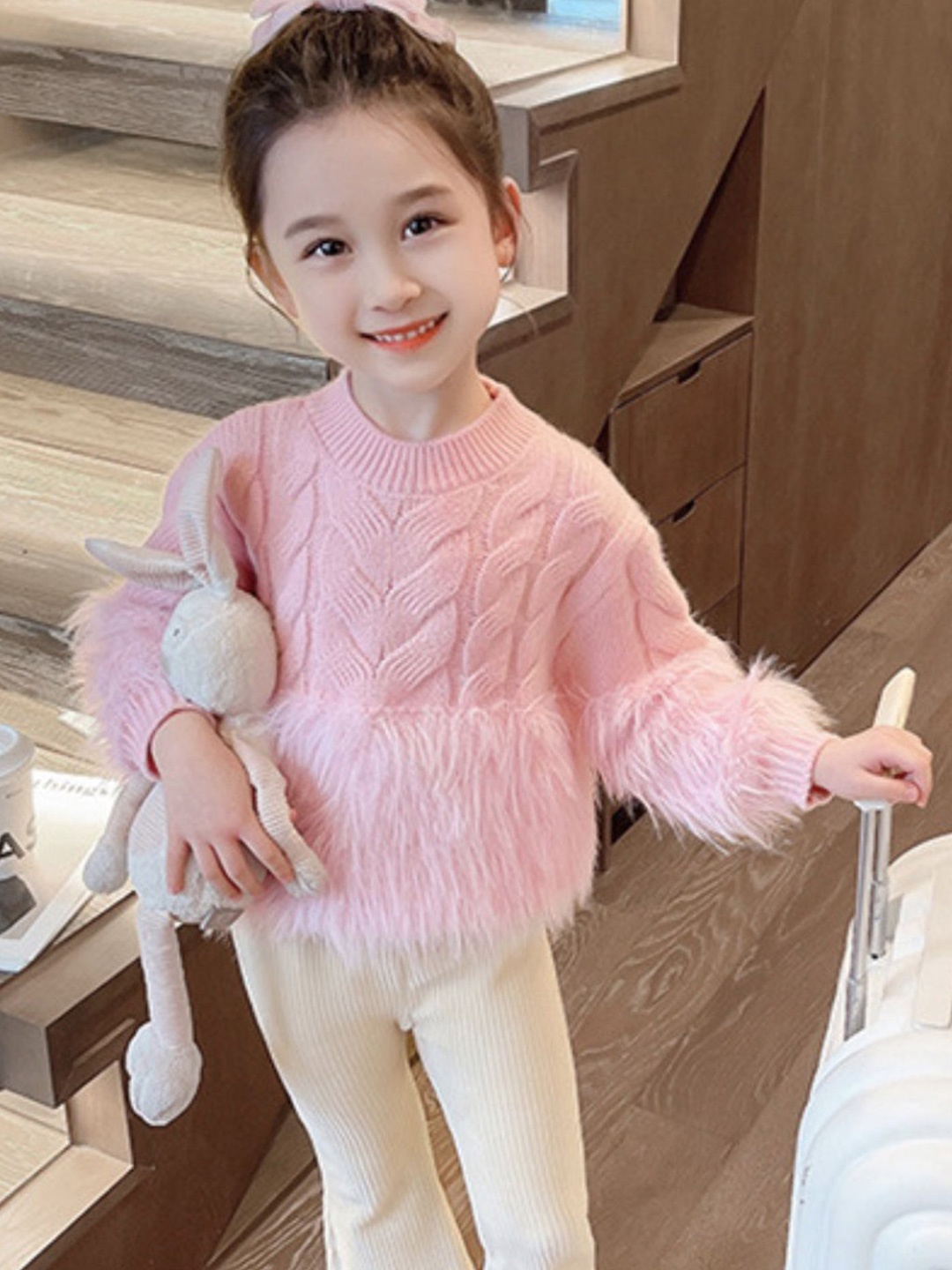 

LULU & SKY Girls Self Design Round Neck Fashion Sweaters, Pink