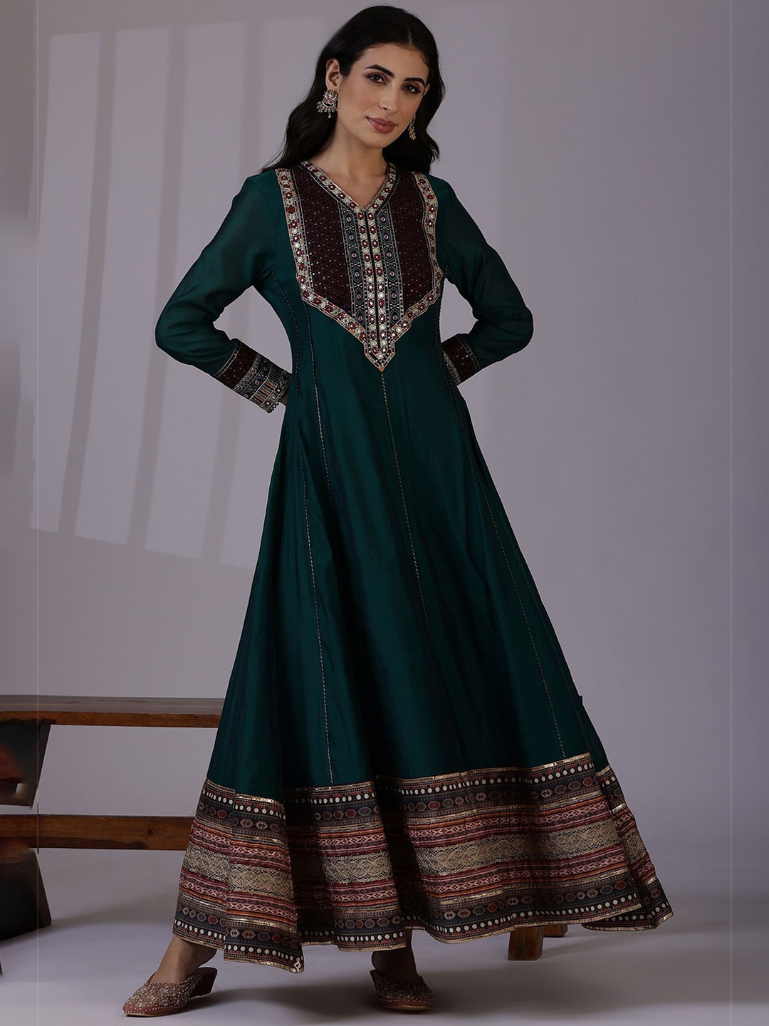

W Women Embroidered Maxi Ethnic Dresses, Green