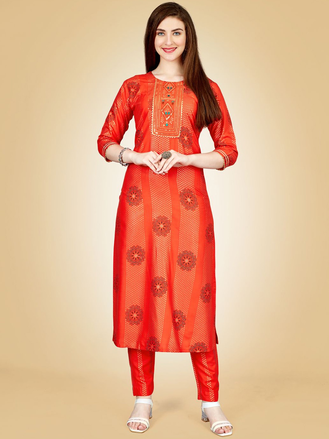 

HI FI NX Paisley Embroidered Straight Kurta With Churidar, Orange