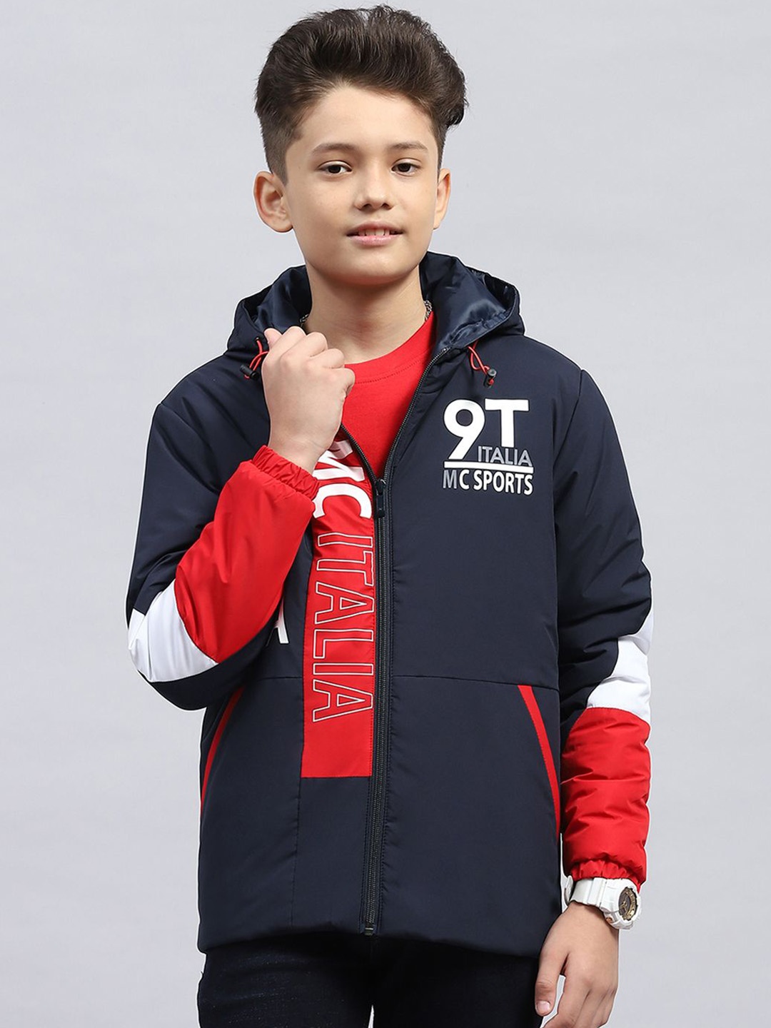 

Monte Carlo Boys Hooded Typography Printed Casual Sporty Jacket, Navy blue