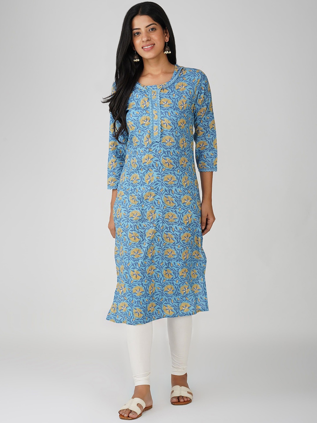 

KAHVA Floral Printed Round Neck Cotton Straight Kurta, Blue