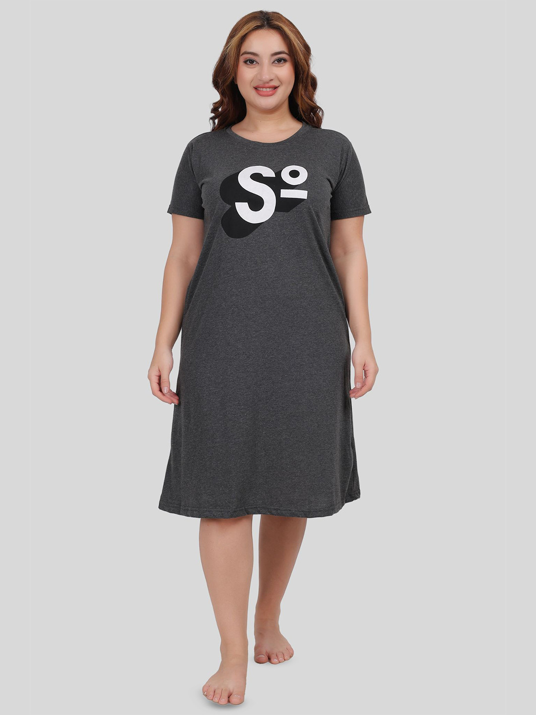 

Fabme Women Typography Printed Round Neck Knee Length Nightdress, Grey
