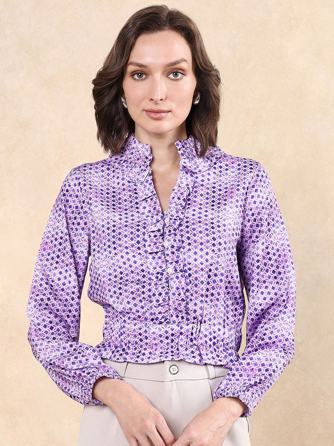 

RAREISM Women Geometric Printed Shirt Style Crop Top, Purple