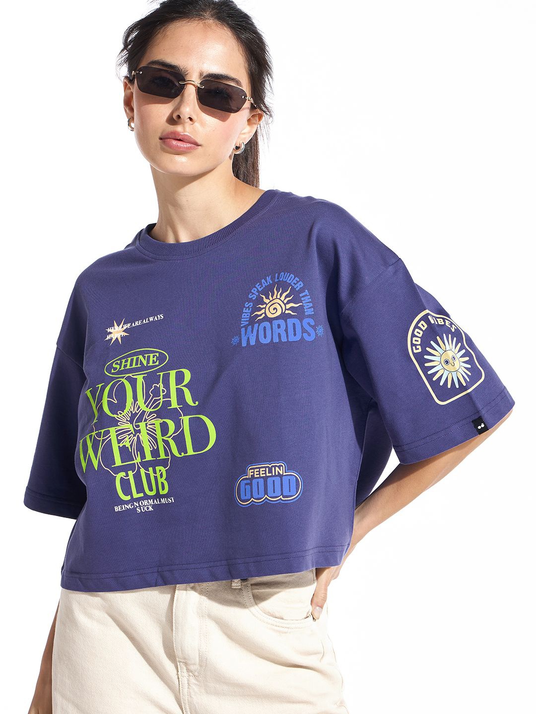 

Bewakoof Heavy Duty Women Printed Cotton Round Neck Crop Top, Blue
