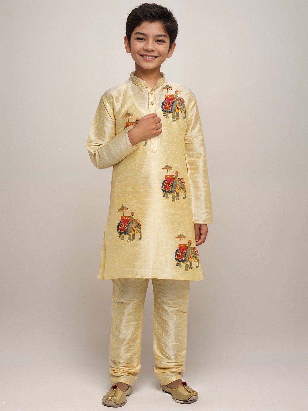 

DEVOILER Boys Animal Printed Regular Art Silk Kurta with Churidar, Beige