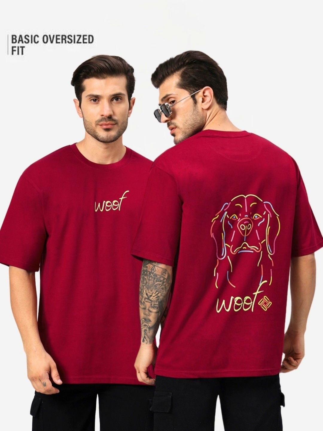 

URBANICE Men Graphic Printed Round Neck Cotton Oversized T-shirt, Maroon