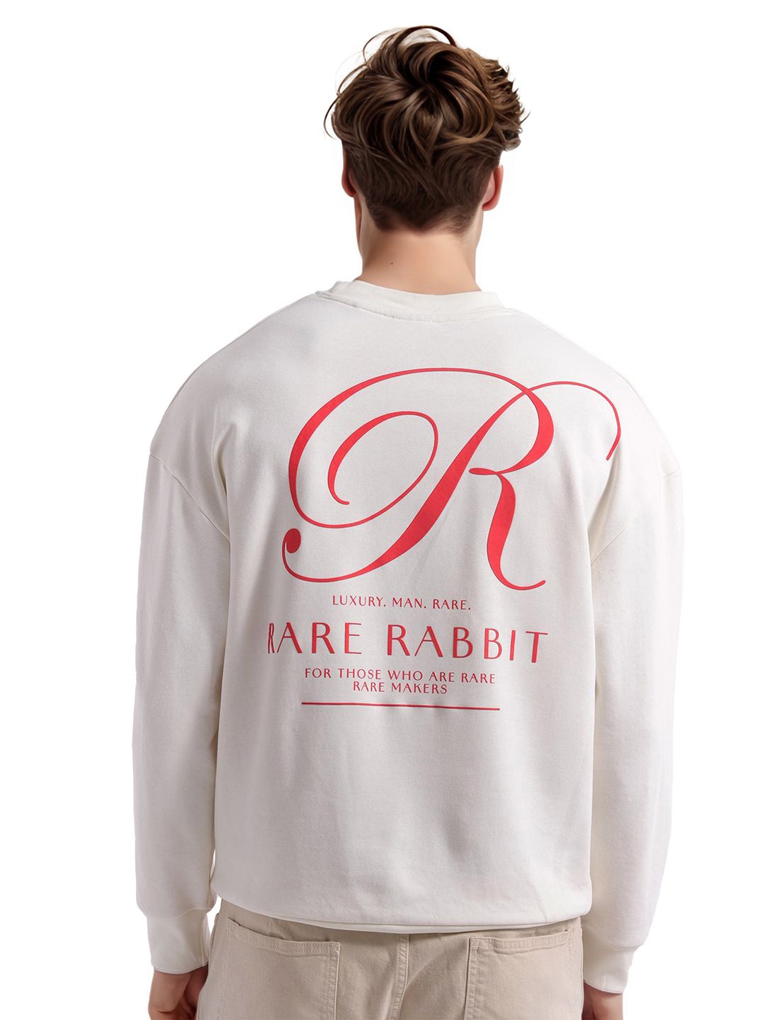 

RARE RABBIT Men Back Printed Round Neck Cotton Pullover Sweatshirt, Off white