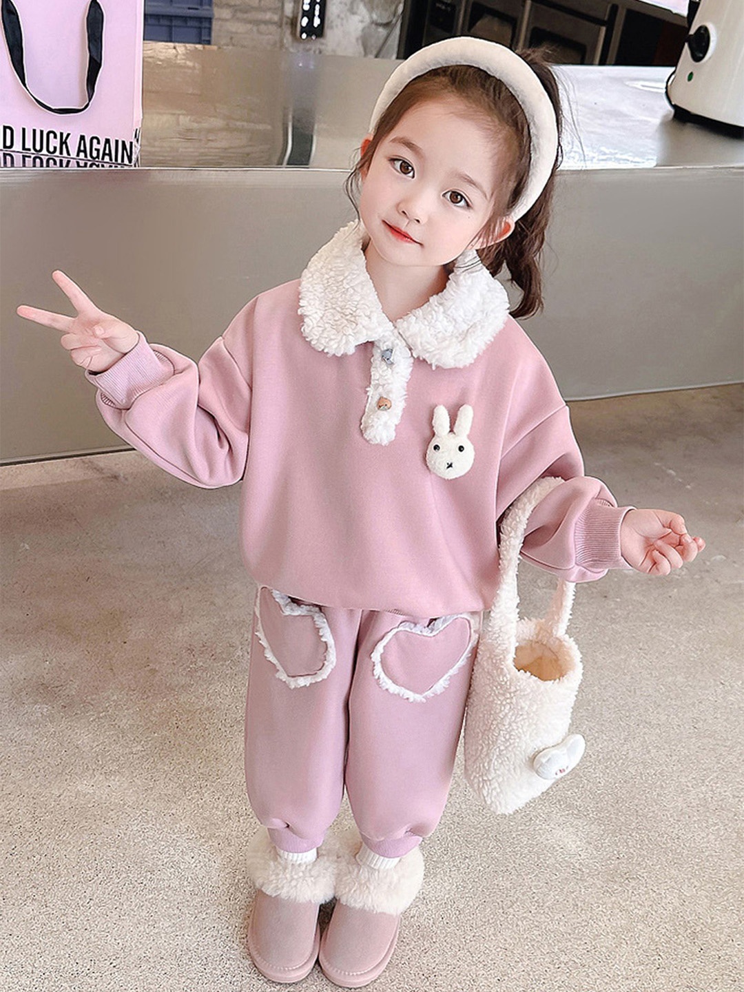 

LULU & SKY Girls Shirt Collar Sweatshirt With Joggers, Pink