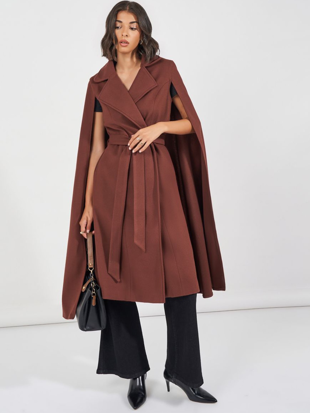 

Styli Women Regular Fit Midi Length Wool Look Coat With Cape Sleeves, Brown