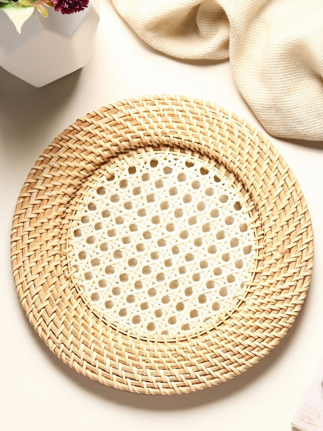 

HABERE INDIA Beige Textured Cane Webbing Round Table Placemats