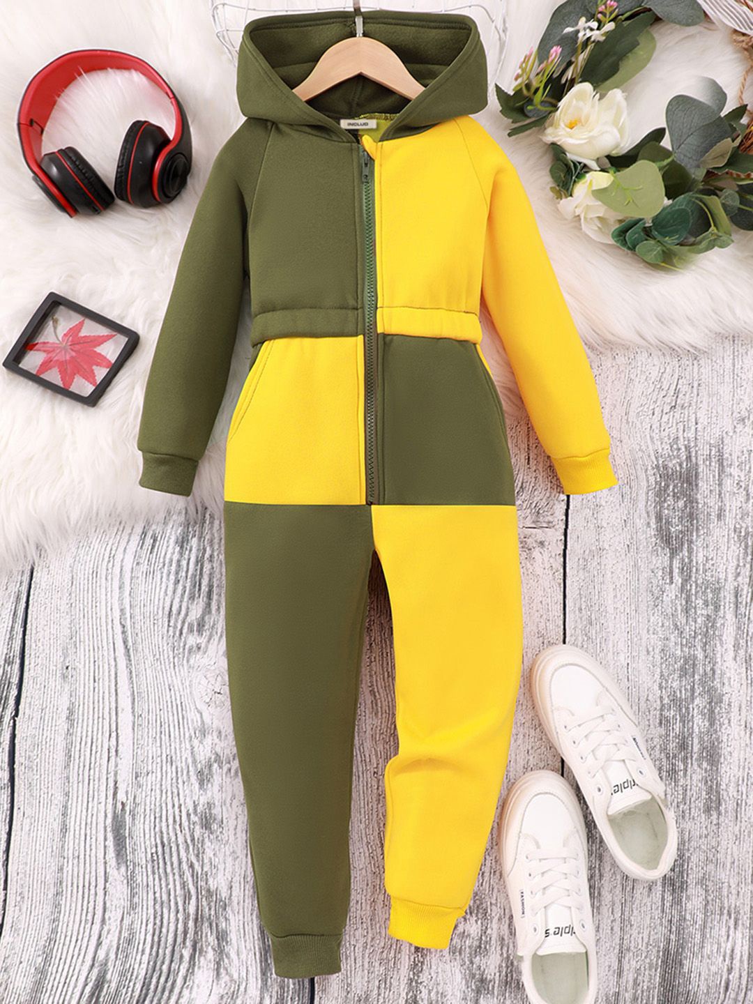 

INCLUD Long Sleeve Hooded Color-Blocked Jumpsuit, Yellow
