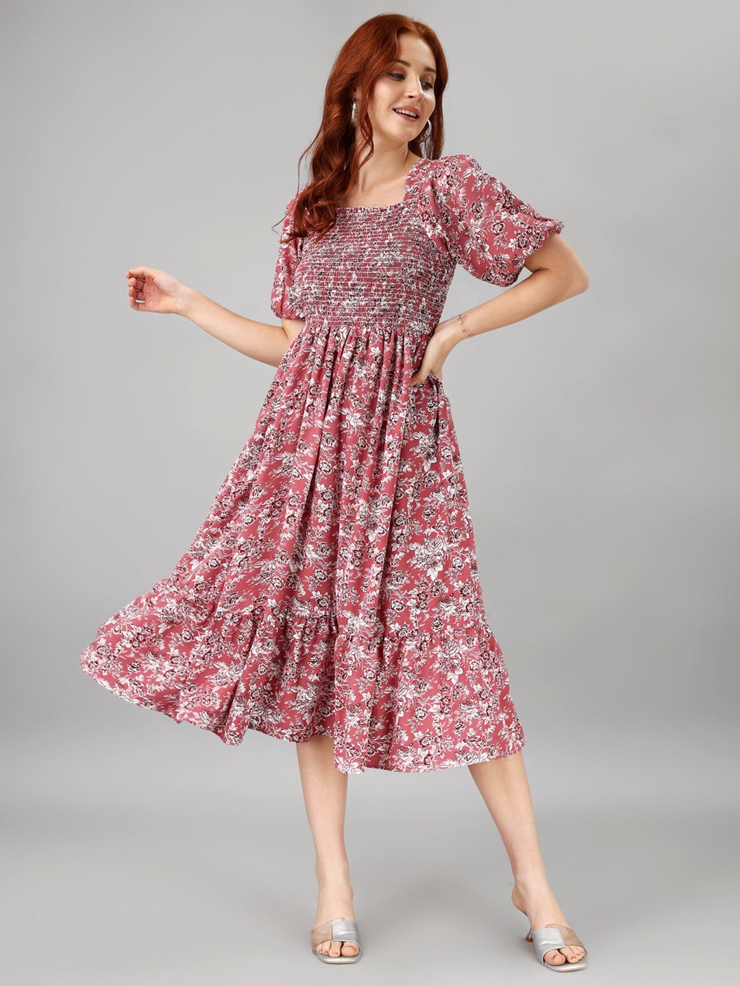 

Krunal Raiyani Women Floral Printed Smocked Fit & Flare Casual Maxi Dress, Pink
