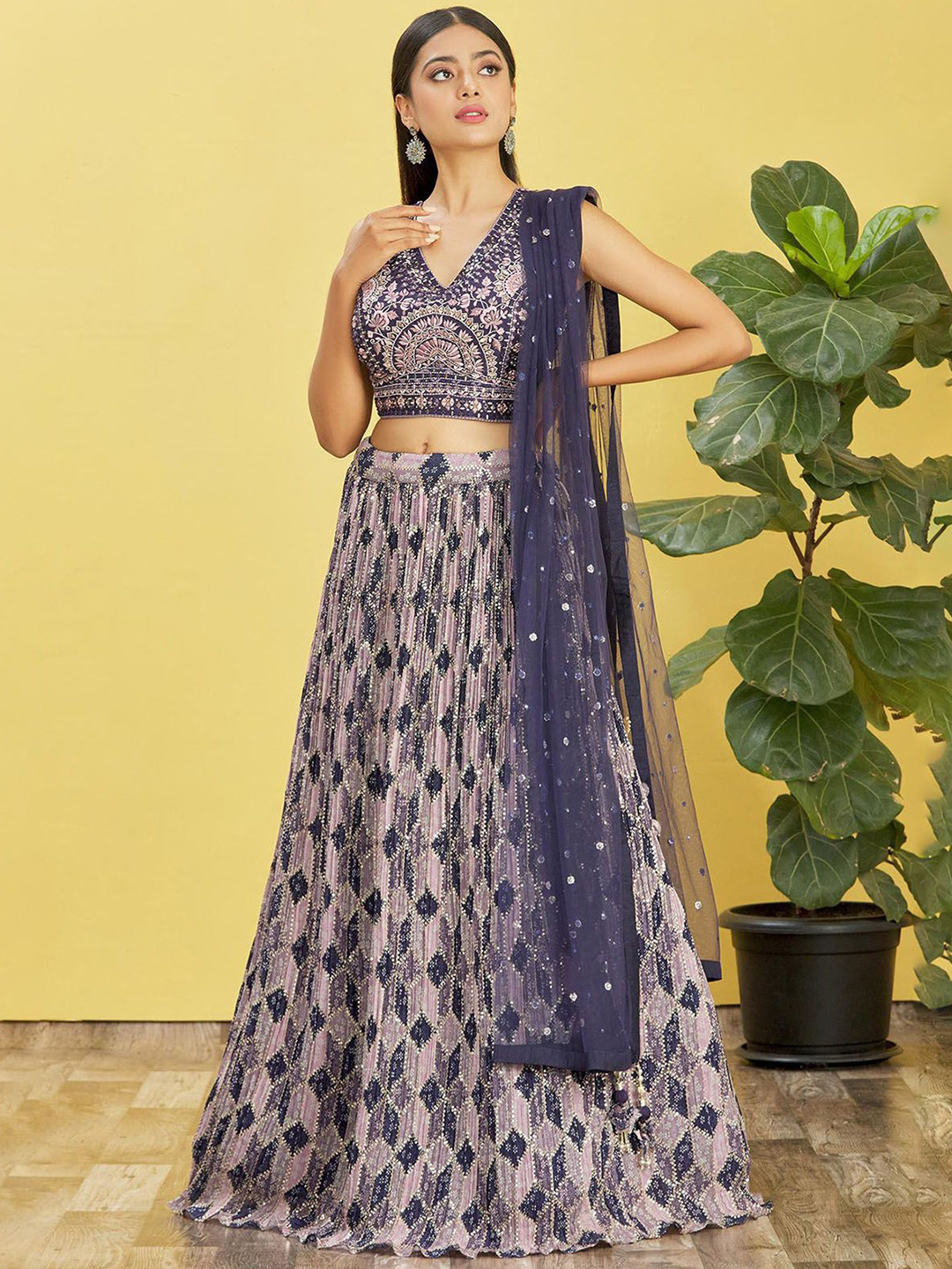 

ODETTE Embroidered Sequinned Semi-Stitched Lehenga & Unstitched Blouse With Dupatta, Navy blue