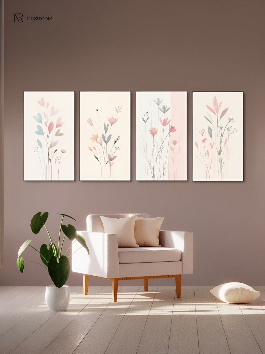 

nestroots White & Red 4 Pieces Floral Canvas Painting Wall Arts