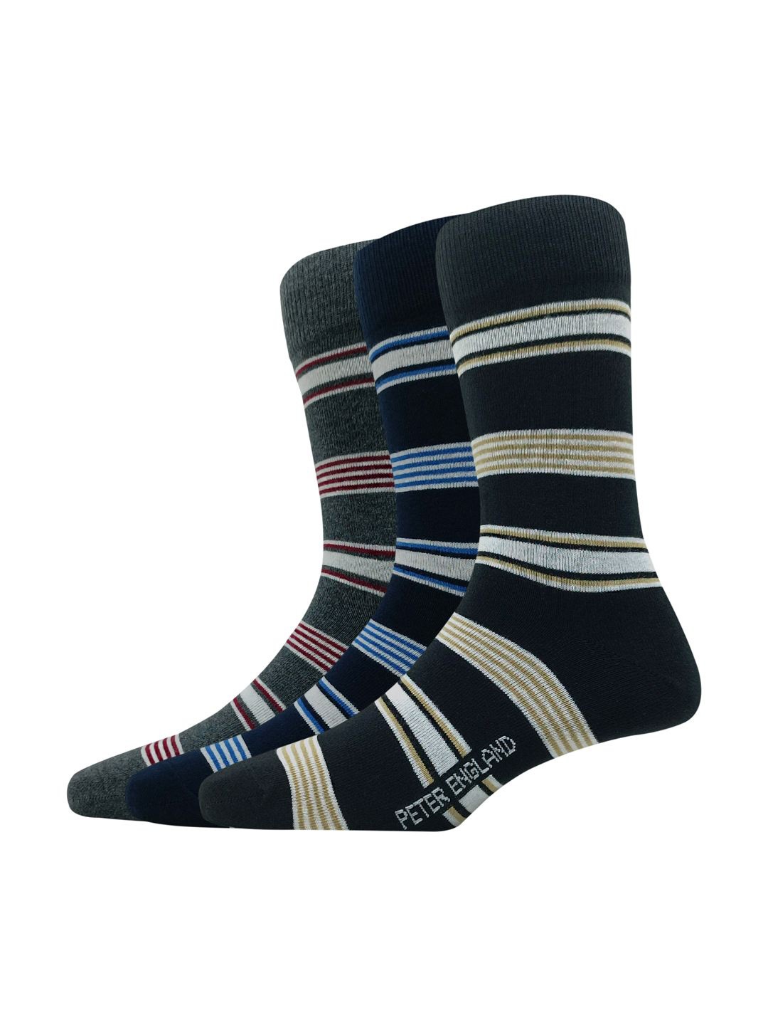 

Peter England Men Pack Of 3 Striped Calf Length Socks, Black