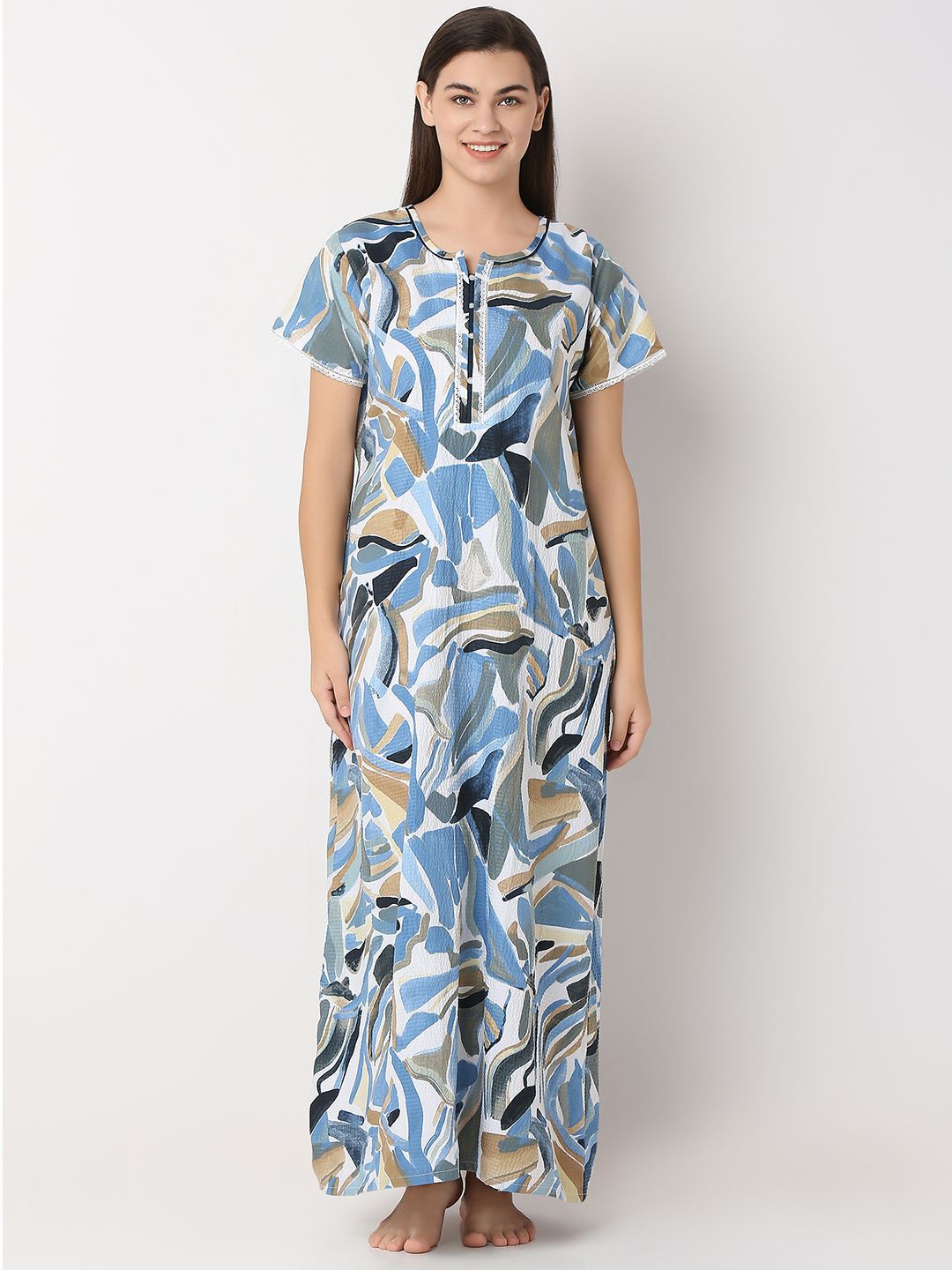 

Juliet Women Everyday Abstract Printed Maxi Regular Nightdress, Blue