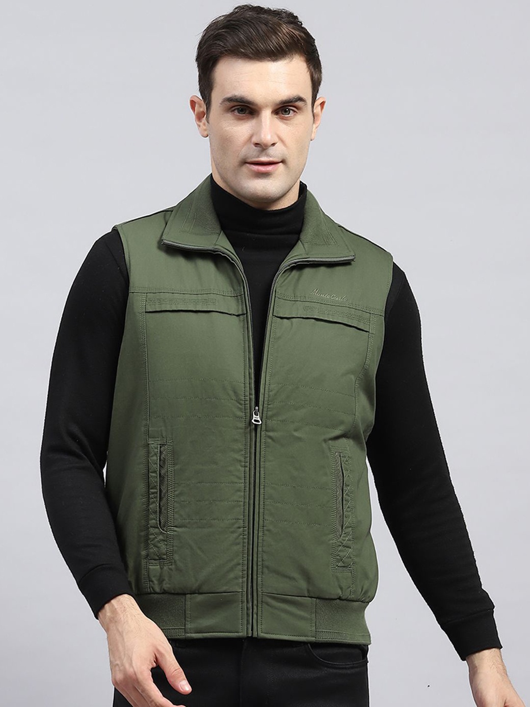 

Monte Carlo Men Mock Collar Solid Cotton Casual Open Front Jacket, Olive